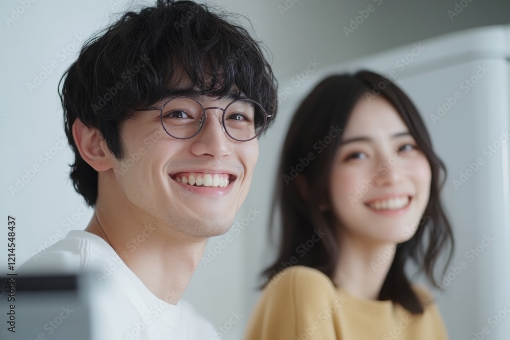 Smiling young couple enjoys a joyful moment together in a bright, cozy indoor space during the day Smiling young couple enjoys a joyful moment together in a bright, cozy indoor space during the day