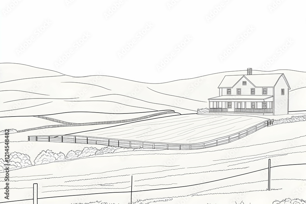 Fototapeta premium Serene countryside landscape drawing, featuring a large farmhouse nestled amongst rolling hills and fenced pastures. Ideal for coloring books, farm-themed projects, or real estate brochures.