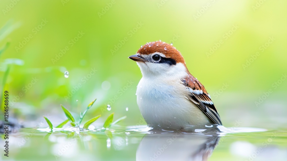 Small bird bathing in shallow water, green background, nature scene, wildlife photography Small bird bathing in shallow water, green background, nature scene, wildlife photography