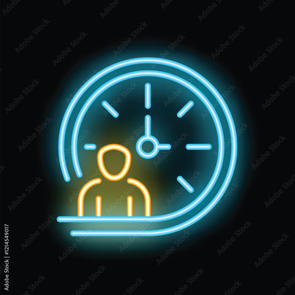 Neon sign illustrating a businessman working overtime under pressure of deadline with a clock Neon sign illustrating a businessman working overtime under pressure of deadline with a clock