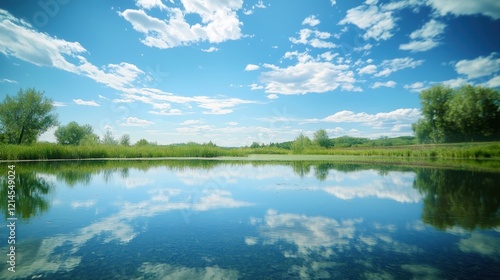 A smooth, still pond reflecting the surrounding landscape with no ripples disturbing the surface.