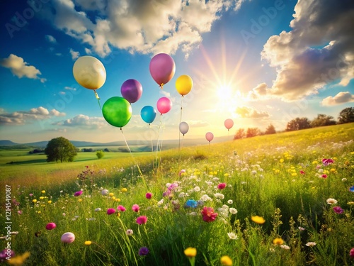 Pastel Balloons Floating Over Lush Green Meadow Landscape