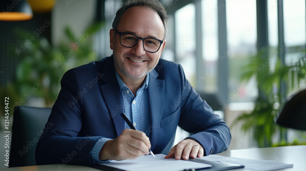 Smiling middle aged businessman Signing Business Contract Legal Document or Agreement in a modern office. Smiling middle aged businessman Signing Business Contract Legal Document or Agreement in a modern office.