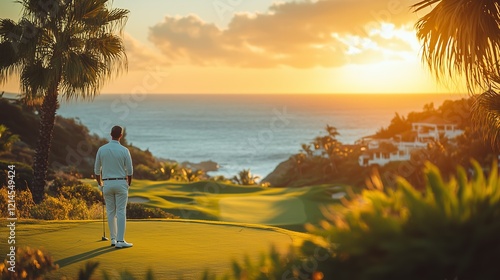Golf course ocean view, luxury resort, businessman playing golf at sunset, a tranquil scene, palm trees, perfect for travel, leisure and sport themes, a truly exclusive lifestyle.