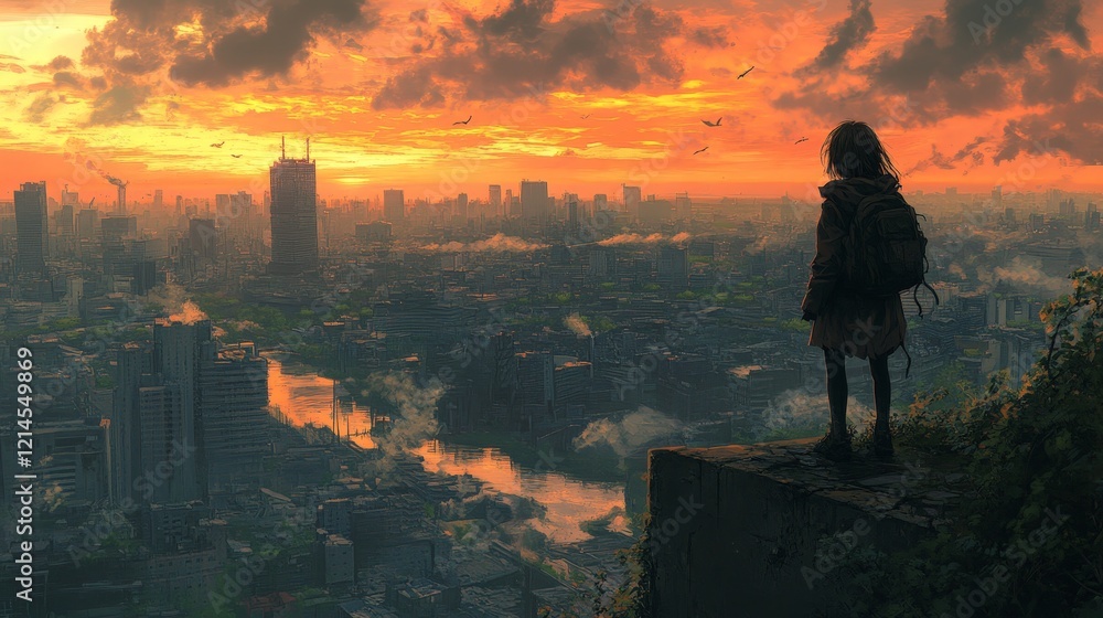 Fototapeta premium A lone girl in a desolate post-apocalyptic city, symbolizing survival and resilience. Ideal for dystopian stories, game concepts, and dramatic visual art.