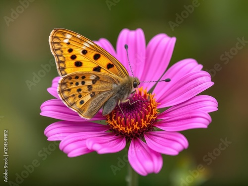 A brown butterfly with a mottled wingspan rests on a vibrant pink flower's center, garden, color_mosaic, fauna photo