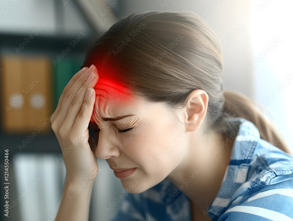 Fototapeta premium Woman at a Desk Experiences Stress and Tension While Holding Her Temples in a Quiet Study Environment