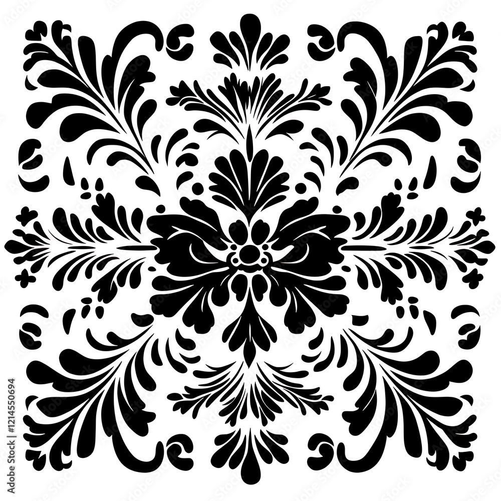 Ornate symmetrical floral design, decorative pattern, use in textile design Ornate symmetrical floral design, decorative pattern, use in textile design