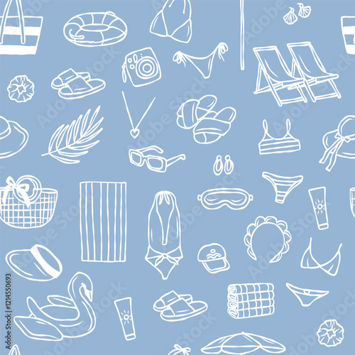 Hand drawn doodle beach essentials seamless pattern