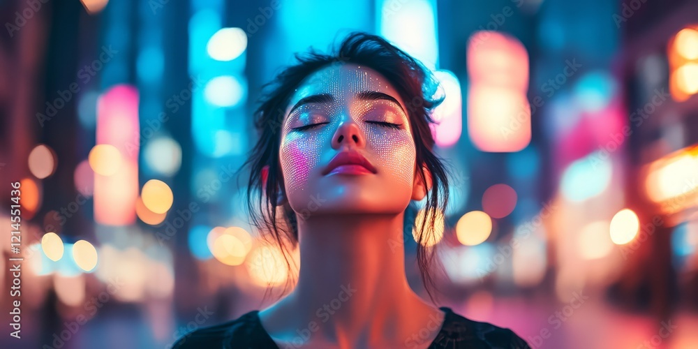 A beautiful woman with digitally glowing skin and holographic hair stands in the middle of an empty city street at night A beautiful woman with digitally glowing skin and holographic hair stands in the middle of an empty city street at night