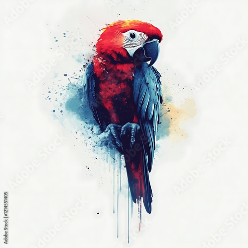 Watercolor illustration of a Scarlet Macaw perched, artistic representation photo