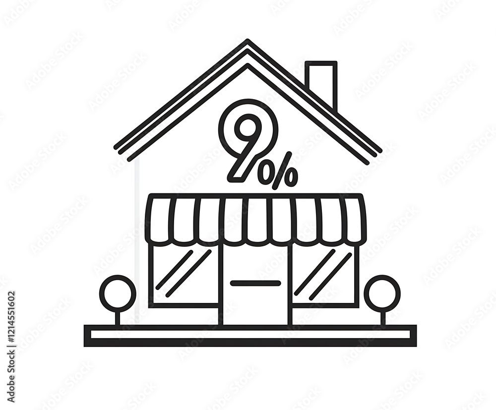 Black icon of a storefront card with a % sign, simple vector line art style on a white background Black icon of a storefront card with a % sign, simple vector line art style on a white background