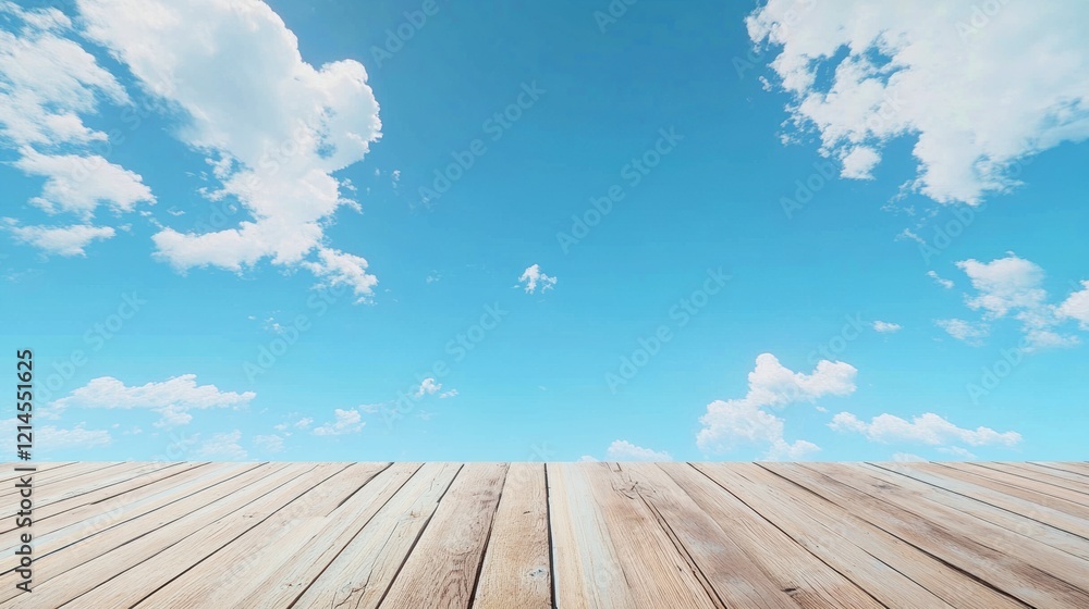 Wooden floor with blue sky and white clouds in the background, creating a natural and serene atmosphere. The vibrant blue sky and fluffy white clouds contrast with the wooden surface Wooden floor with blue sky and white clouds in the background, creating a natural and serene atmosphere. The vibrant blue sky and fluffy white clouds contrast with the wooden surface