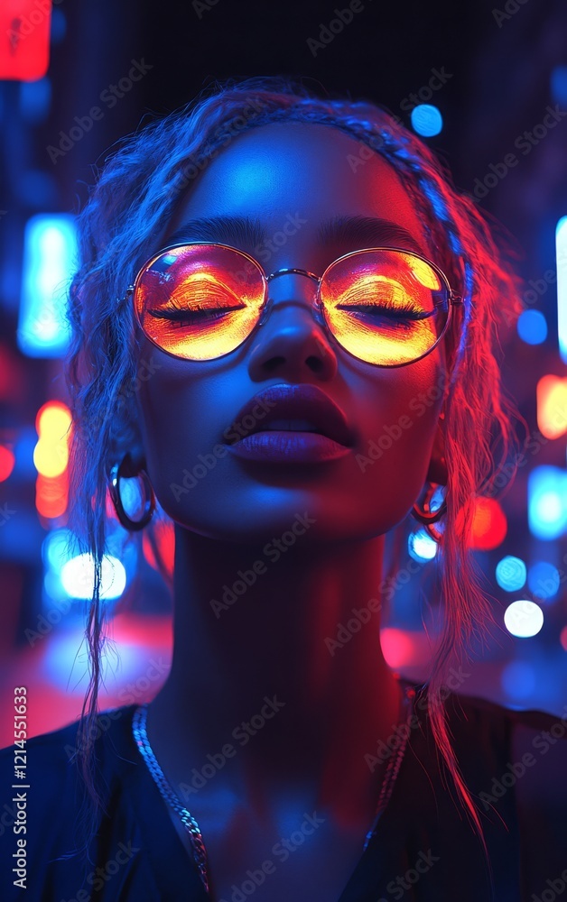 A beautiful woman with digitally glowing skin and holographic hair stands in the middle of an empty city street at night A beautiful woman with digitally glowing skin and holographic hair stands in the middle of an empty city street at night