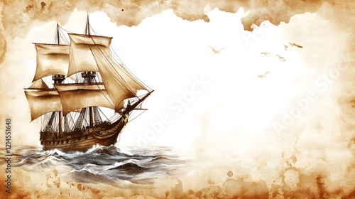 Antique Sailing Ship Ocean Watercolor Art photo