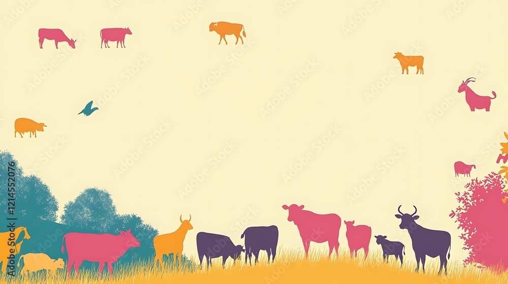 Naklejka premium Colorful Farm Animals Silhouettes Landscape Background