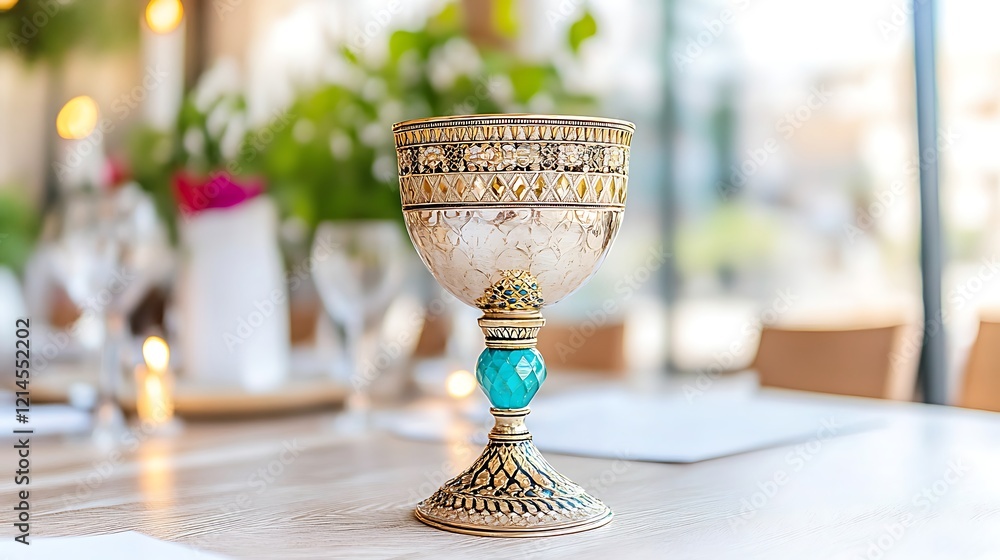 Elegant Gold and Teal Ornate Goblet on Table Elegant Gold and Teal Ornate Goblet on Table