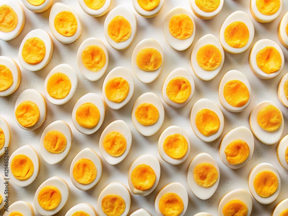 Perfectly Boiled Half-Cut Eggs Pattern on Cream Background - Stock Photo Perfectly Boiled Half-Cut Eggs Pattern on Cream Background - Stock Photo