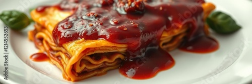 A close-up shot of a juicy slice of lasagna, topped with a drizzle of rich and full-bodied red wine sauce, meaty sauce, red wine sauce photo