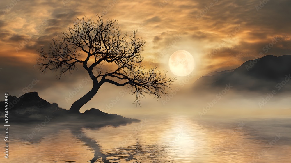 Fototapeta premium Serene Sunset Landscape Moonlit Lake Bare Tree Misty Mountains