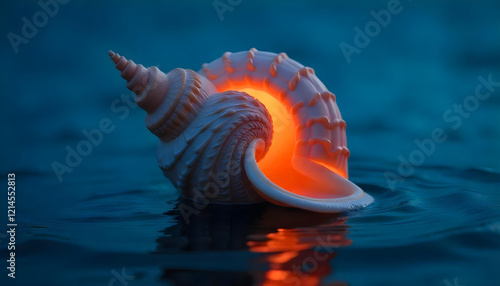 A large, spiral seashell with a smooth, glossy surface is centered in calm water. The shell features alternating bands of light and dark colors, with a glowing orange light emanating from its opening.