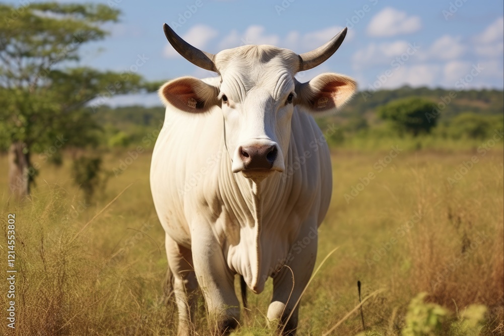 Portrait of a Majestic Brahman Bull Grazing in a Scenic Meadow Environment - White Quadruped in a Brazilian Ranch Herd (AR 3:2) Portrait of a Majestic Brahman Bull Grazing in a Scenic Meadow Environment - White Quadruped in a Brazilian Ranch Herd (AR 3:2)