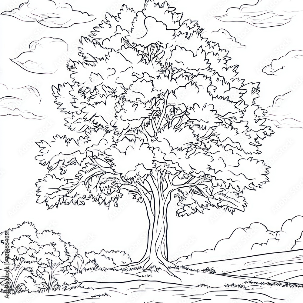 Fototapeta premium Outlined tree drawing, peaceful landscape, coloring page, nature illustration