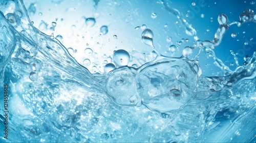 Refreshing Mineral Water Splashing and Dripping with Bubbles on Cool Blue Background - Freshness and Coolness