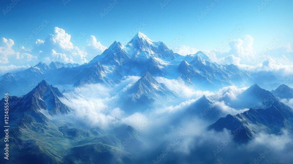 Fototapeta premium Majestic Snow capped Mountain Range Soaring Above Cloudscape Breathtaking Aerial View