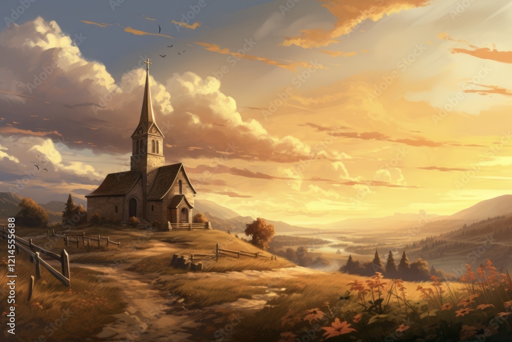 Obraz premium Serene Church on a Hilltop Overlooking a Beautiful Sky - A Landscape of Christian Religion in Digital Painting Art