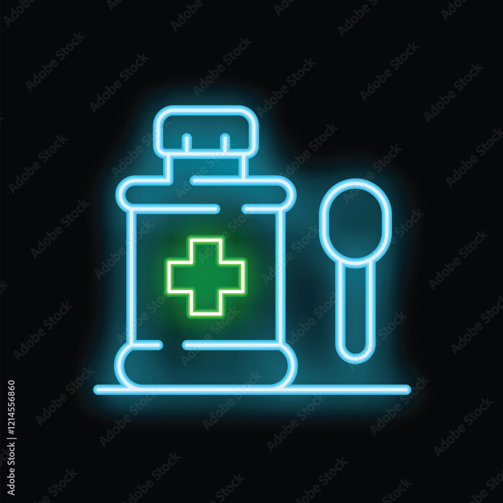 Neon glowing icon of medicine bottle with cross sign and spoon for cough syrup Neon glowing icon of medicine bottle with cross sign and spoon for cough syrup