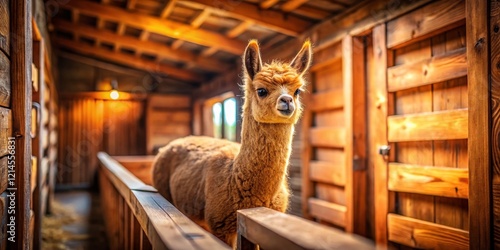 Adorable Brown Alpaca in Rustic Wooden Stable - Tilt-Shift Miniature Photography photo