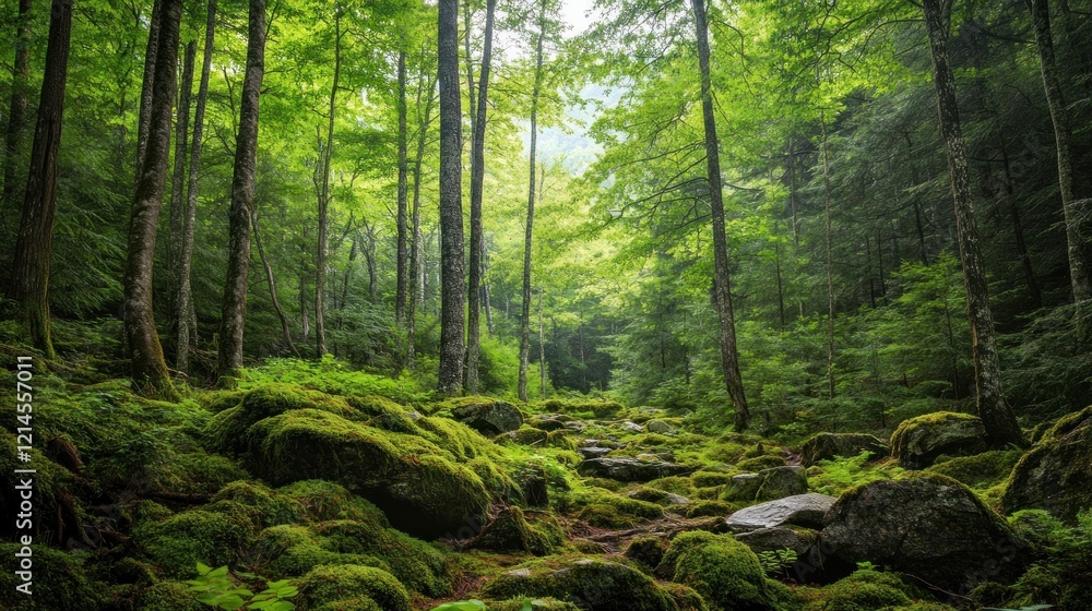 Lush green forest path, mossy rocks, sunlight dappled, nature background, eco-tourism Lush green forest path, mossy rocks, sunlight dappled, nature background, eco-tourism