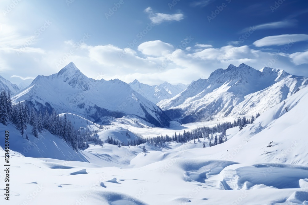 Obraz premium Snowy Mountain Landscape with Stunning White Peaks, High Snow, and Blue Sky Scenery Coated with Trees Covered in Snow