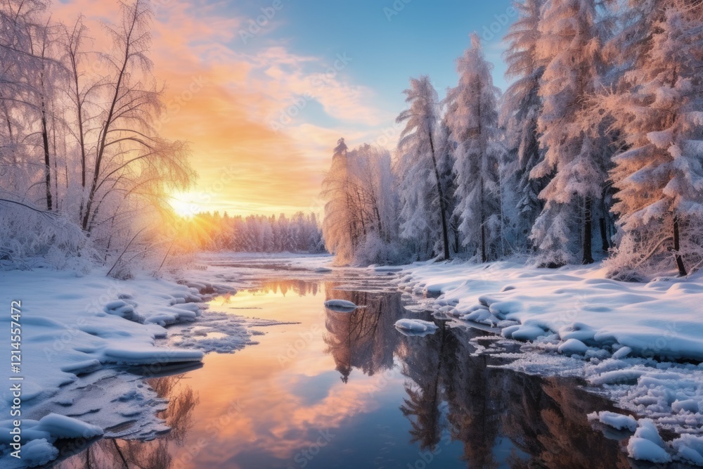 Fototapeta premium Snowy River Panoramic Landscape with Winter Forest, Frozen River and Snowy Trees at Sunset. Breathtaking Winter View of Reflection on Blue Water
