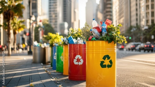 Colorful Recycling Bins Lining City Street for Eco Friendly Waste Management photo