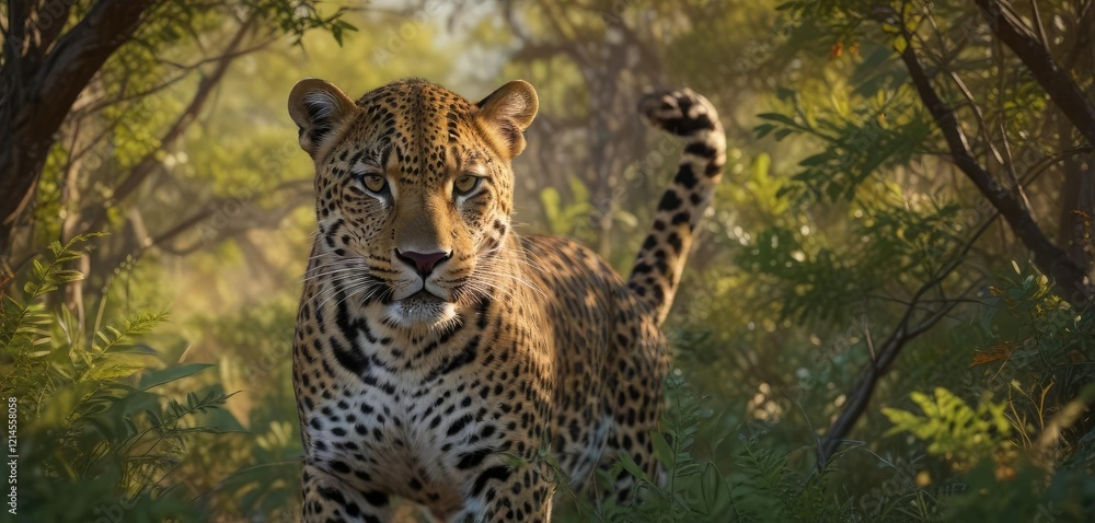 Obraz premium A leopard pads silently through the underbrush of Kruger, foliage, padded footsteps, underbrush