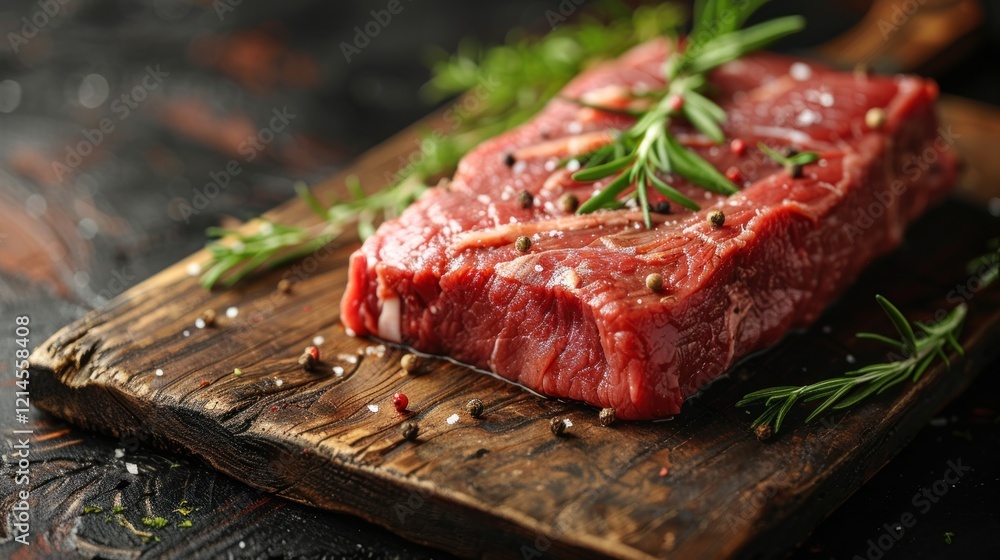 Fresh Raw Beef Steak with Rosemary and Spices on Wooden Cutting Board Fresh Raw Beef Steak with Rosemary and Spices on Wooden Cutting Board