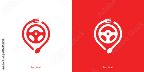 Simple Fast Food Logo. Spoon Fork Location and Steering Wheel Graphic Icons. Online Food Logo Design Template.