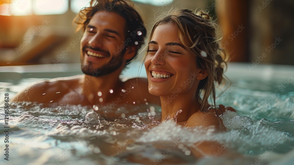 Obraz premium Young Couple Relaxing in Hot Tub at Spa Center