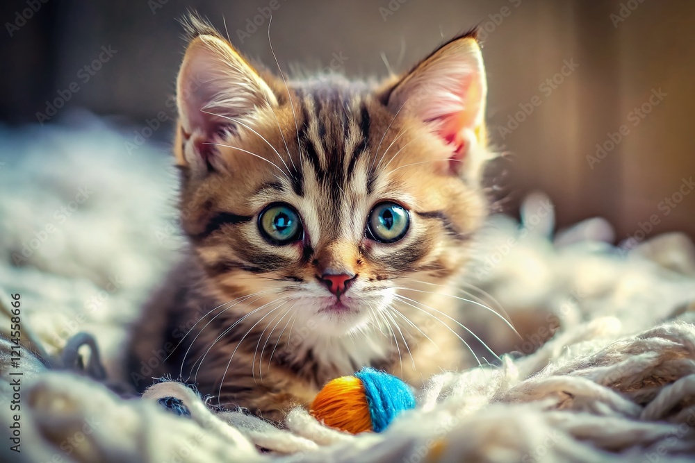 Fototapeta premium Playful Kitten Posing on a Soft Blanket, Adorable Cat Photography