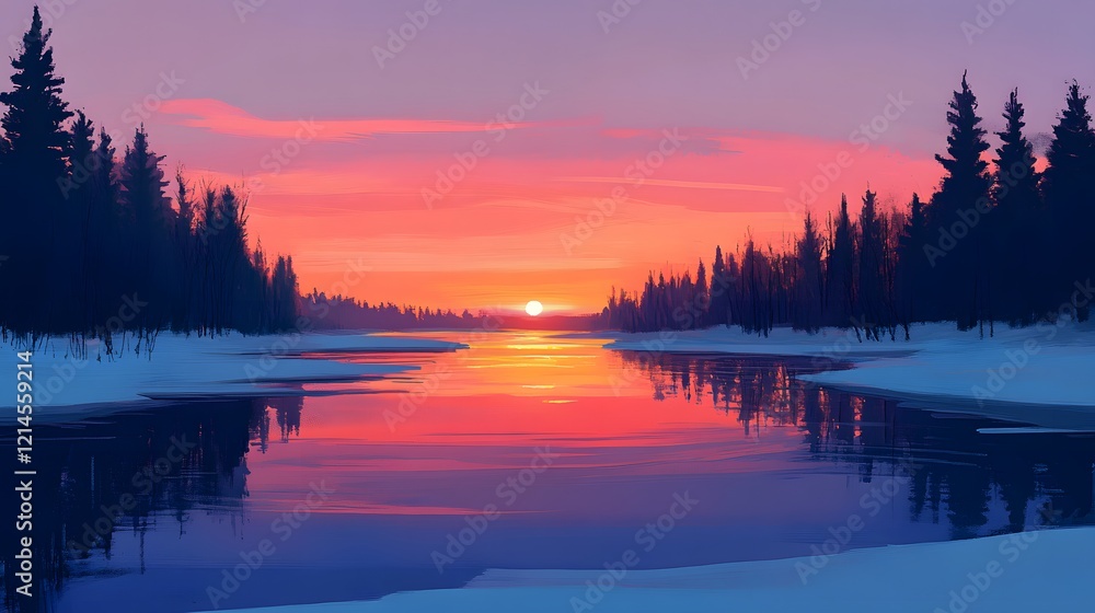 Fototapeta premium Pink Sunset over Frozen River Winter Landscape