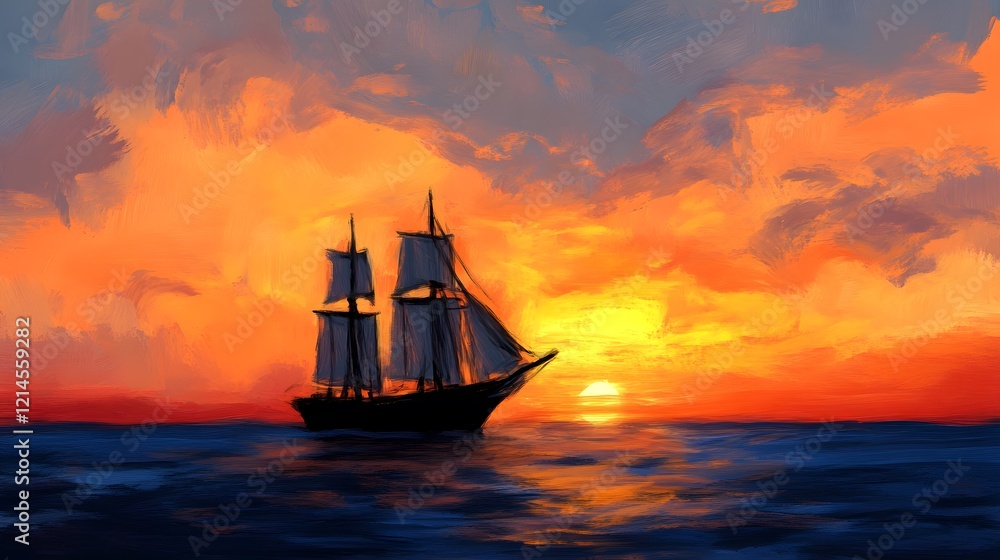 Fototapeta premium Sunset Sailboat Painting Ocean Sunset Dramatic Sky Seascape Art