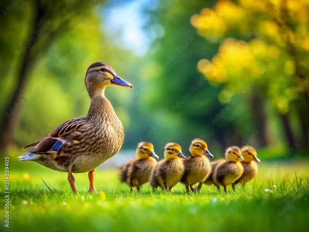 Adorable Ducklings Following Mom in Miniature Tilt-Shift World Adorable Ducklings Following Mom in Miniature Tilt-Shift World