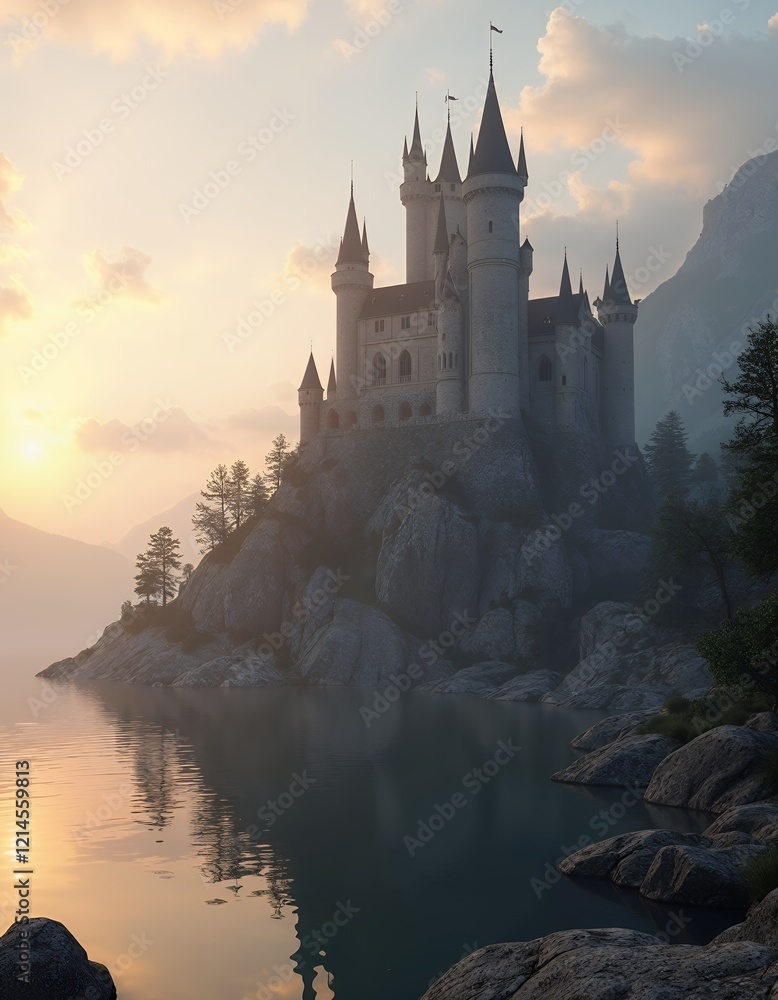 Majestic Castle on Lake at Sunrise Fantasy Art Majestic Castle on Lake at Sunrise Fantasy Art