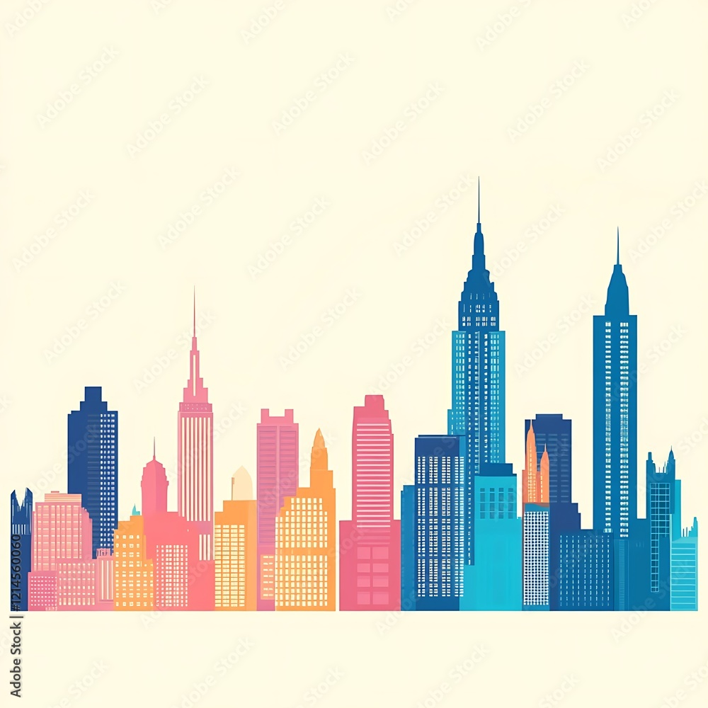Fototapeta premium Colorful stylized cityscape skyline, New York style