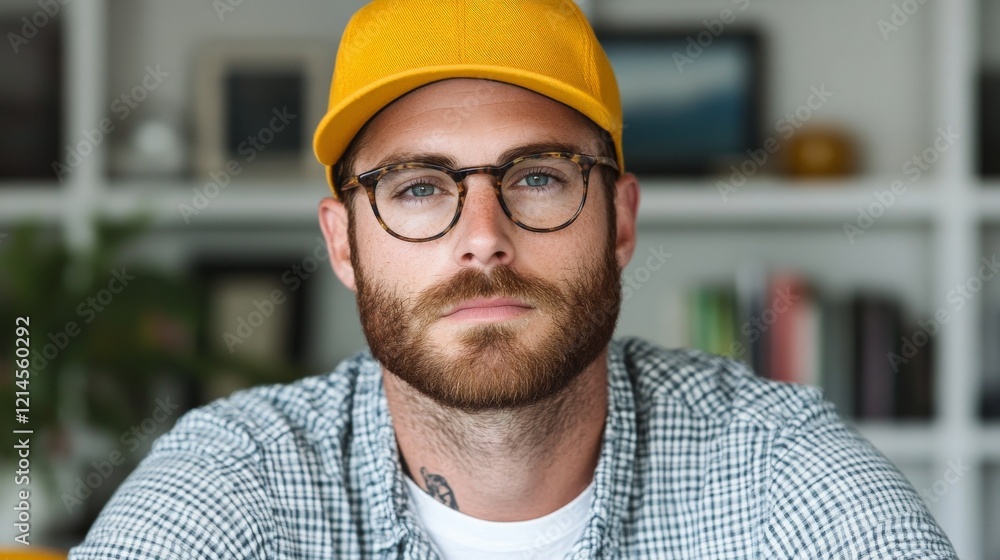 Focused Gaze: A handsome young man with a beard, glasses, and a yellow cap stares intently into the camera, conveying confidence and a sense of determination. Focused Gaze: A handsome young man with a beard, glasses, and a yellow cap stares intently into the camera, conveying confidence and a sense of determination.