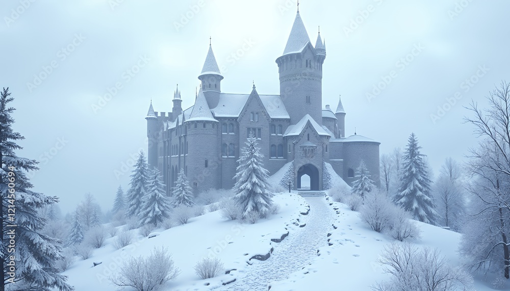 Obraz premium Winter Wonderland Castle Snow Scene Peaceful Landscape
