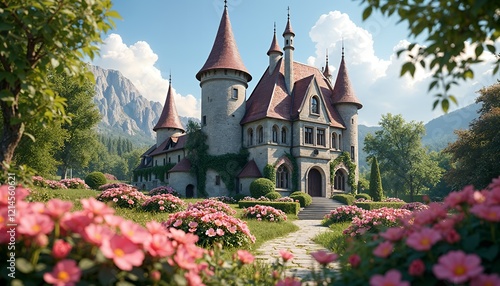 Fairytale Castle in a Rose Garden Mountain Landscape