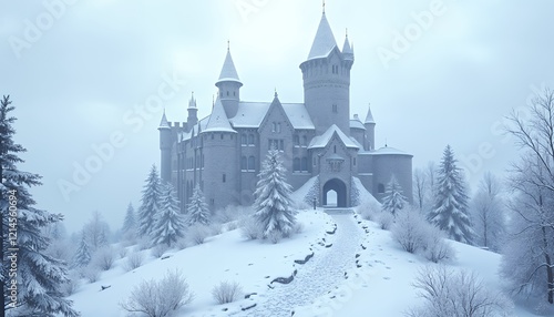 Winter Wonderland Castle Snow Scene Peaceful Landscape